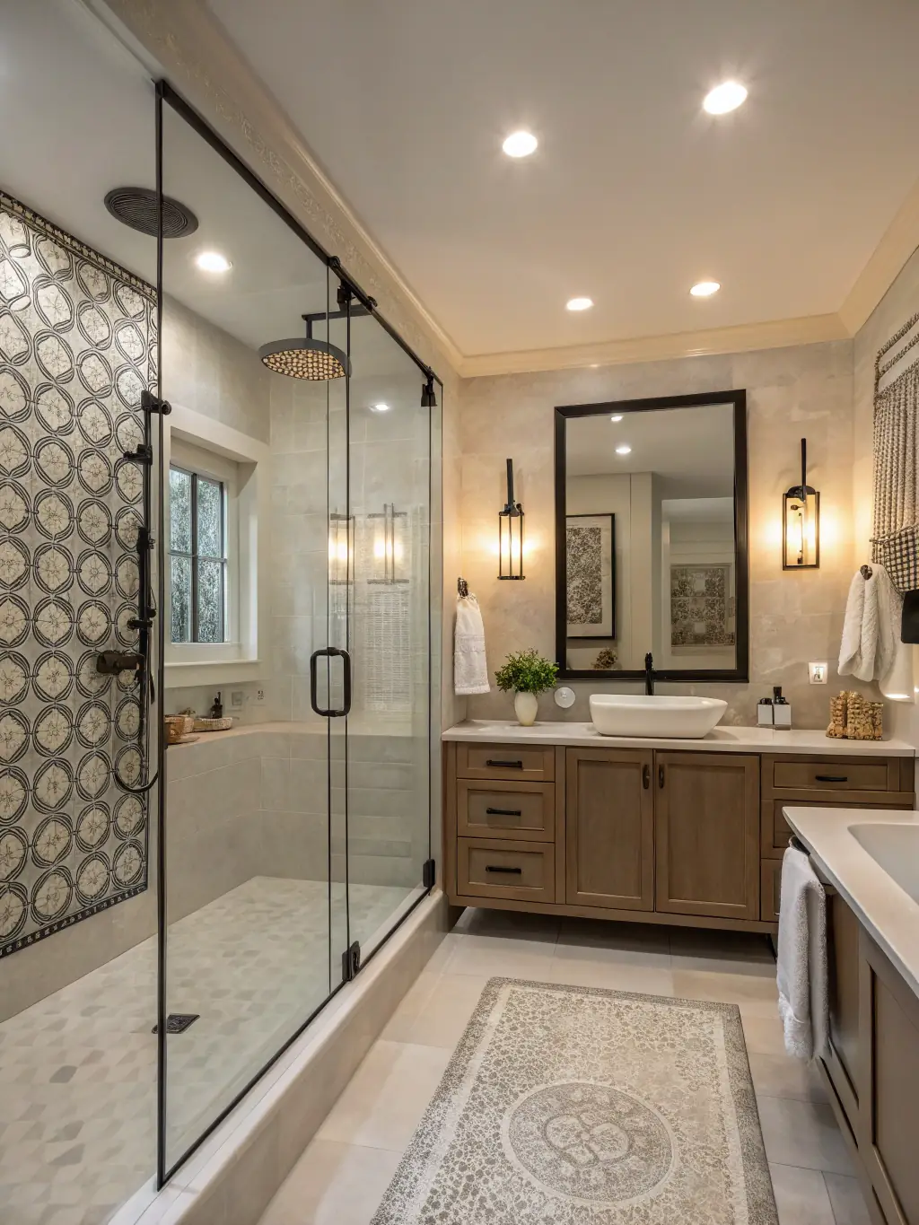 A photograph of a modern bathroom renovation, showcasing new tiling, fixtures, and a sleek, updated design completed by D&C PROJECTS INC.