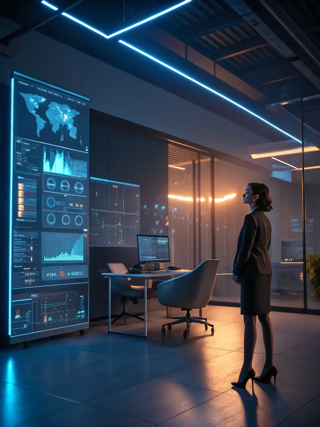 A futuristic interface showing a custom AI business assistant managing tasks, scheduling appointments, and providing data-driven insights.