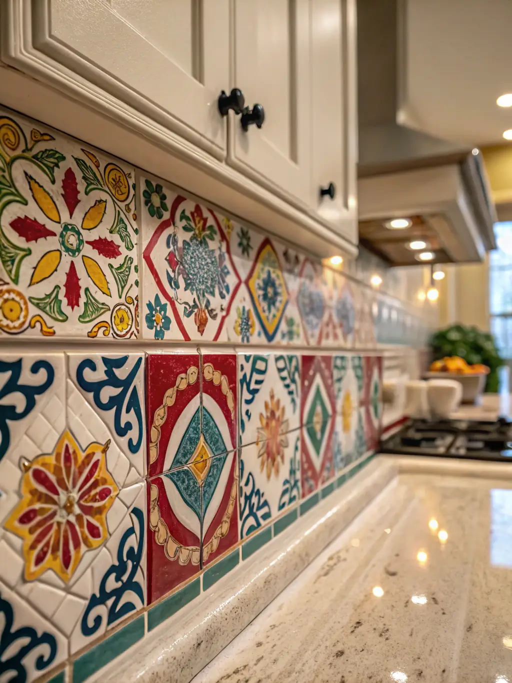 A vibrant mosaic tile backsplash in a kitchen, featuring a mix of glass and ceramic tiles in a geometric pattern. The mosaic adds a pop of color and visual interest to the otherwise neutral space.