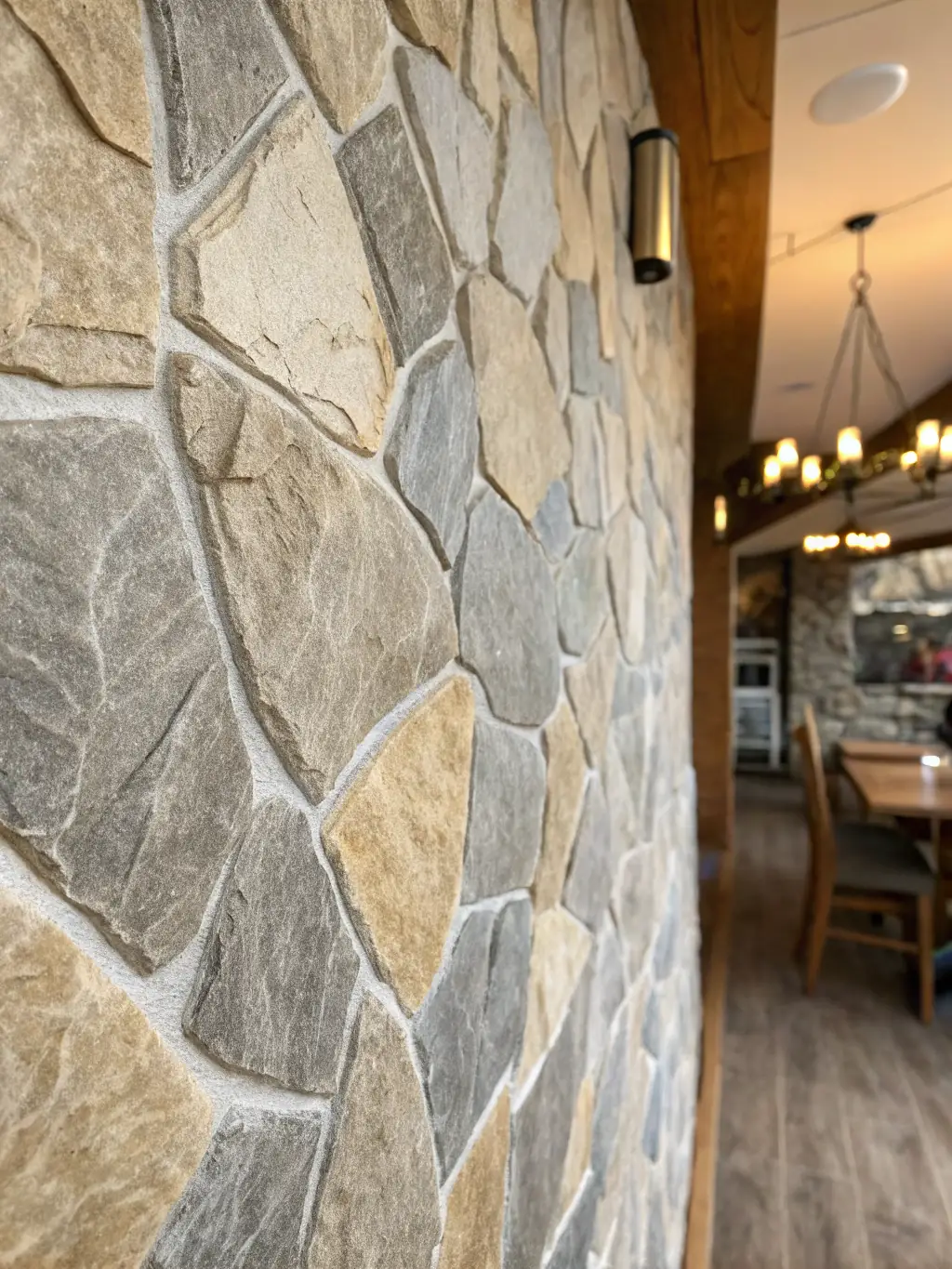 A textured natural stone tile, such as travertine or slate, used as a feature wall in a contemporary living room. The natural variations in color and texture add warmth and character to the space.