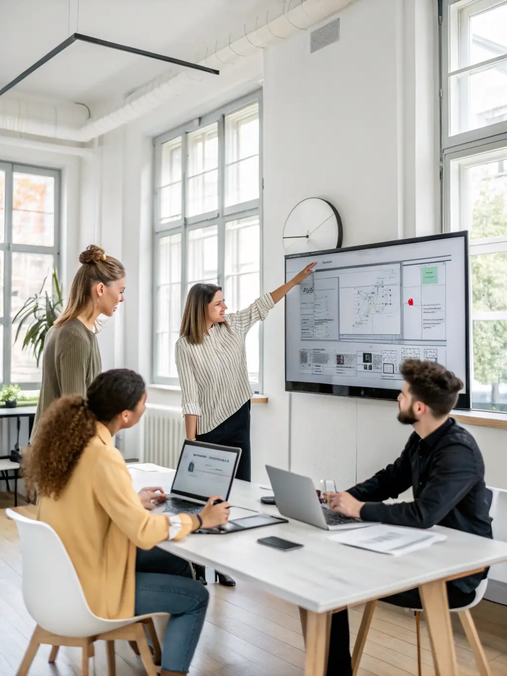 A diverse team collaborating on a web design project in a modern office, symbolizing D&C PROJECT LLC's collaborative and innovative approach.