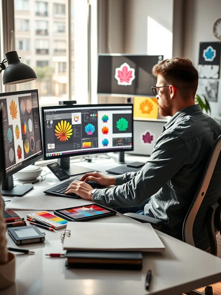 A professional graphic designer working on a branding project, showcasing the unlimited creative requests benefit.