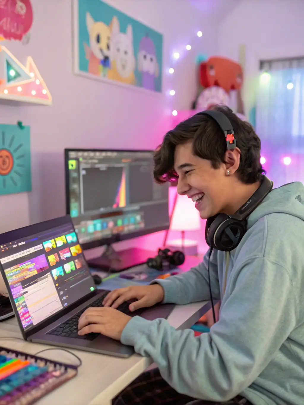 A short-form video editor quickly editing a video on a laptop, emphasizing the fast turnaround benefit.