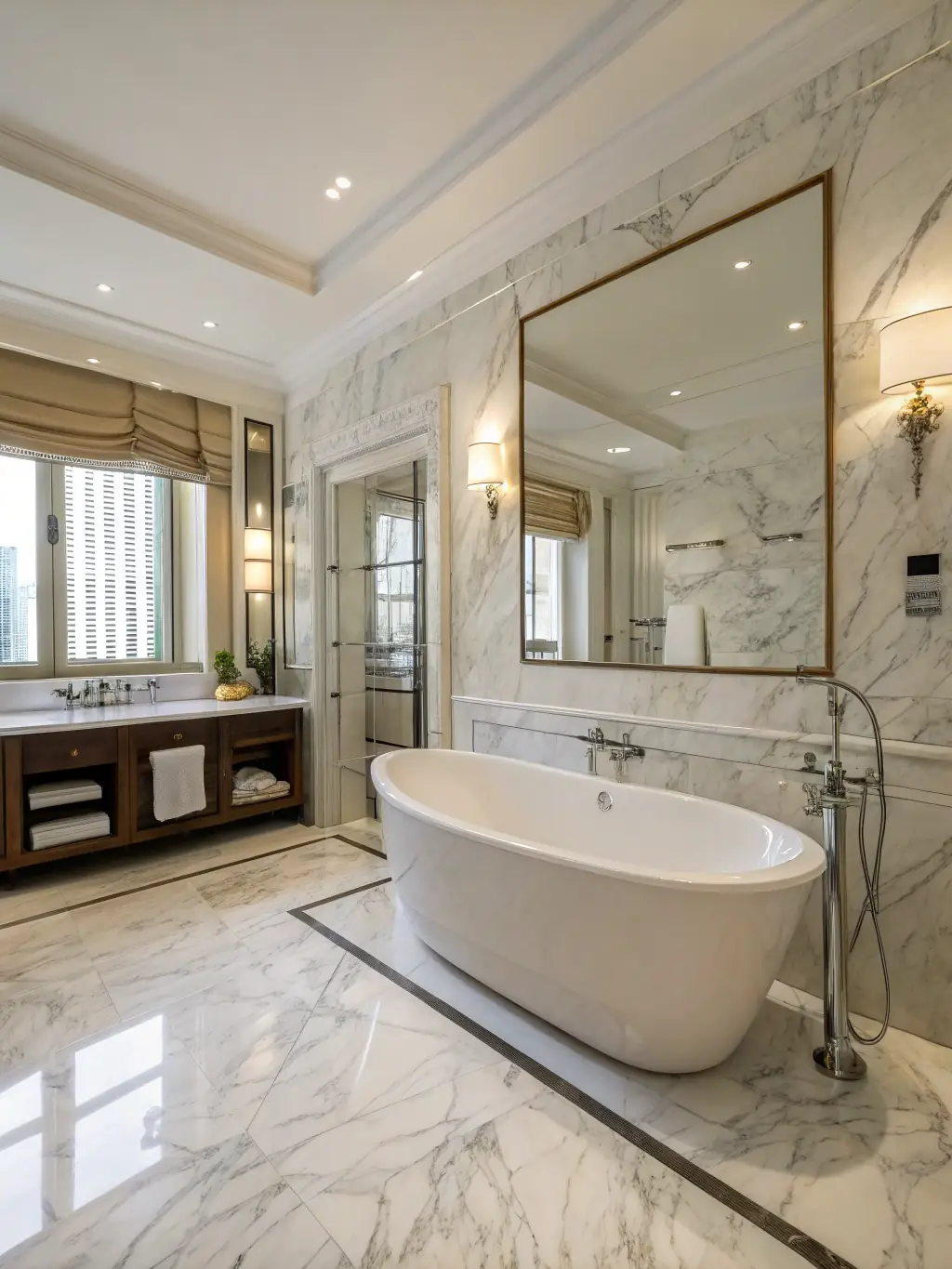 A high-resolution image of a luxurious bathroom floor tiled with polished porcelain tiles that mimic the look of marble. The veining and color variations in the porcelain create a sophisticated and elegant ambiance.