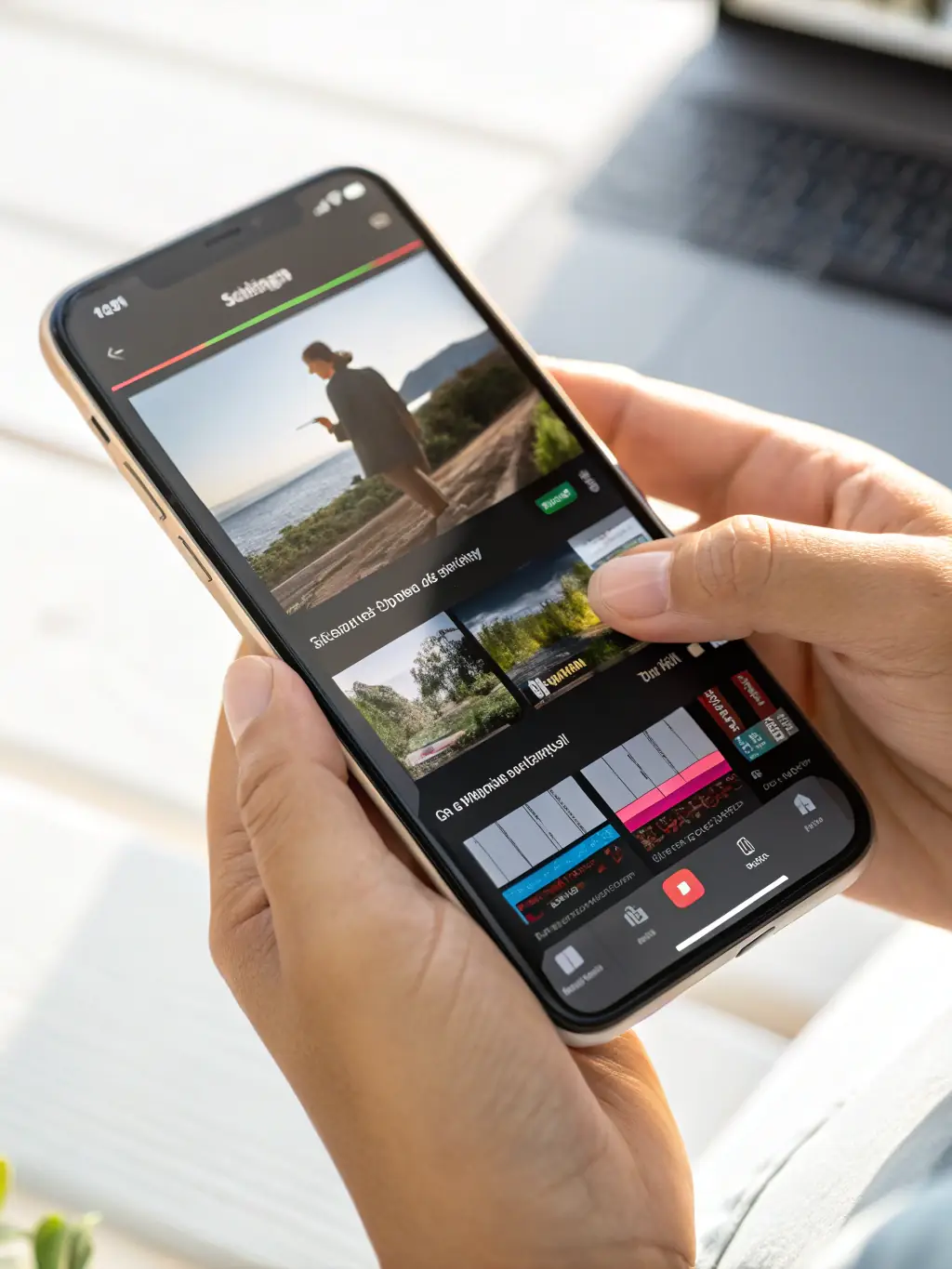 A dynamic shot of a videographer filming content with a smartphone and editing on a laptop, representing D&C PROJECT LLC's Short-Form Video Services.