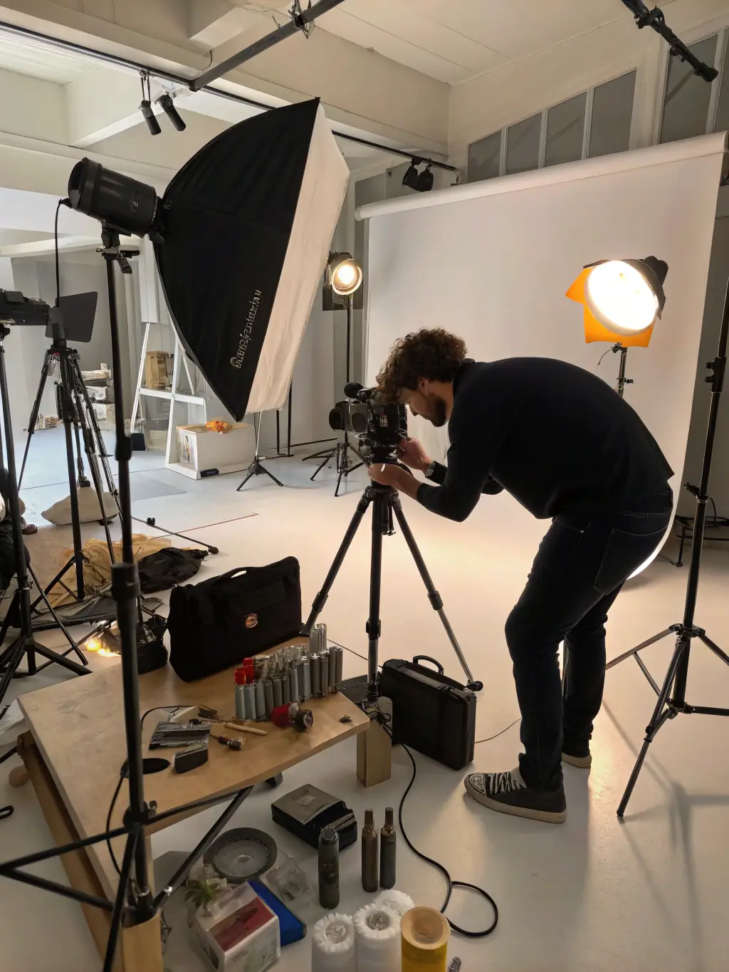 A behind-the-scenes shot of a D&C PROJECT LLC team member setting up lighting and equipment for a short-form video shoot, emphasizing the professional production quality.